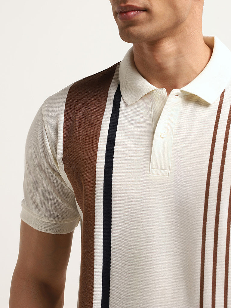 WES Casuals Cream Striped Cotton Blend Slim Fit Polo T-Shirt