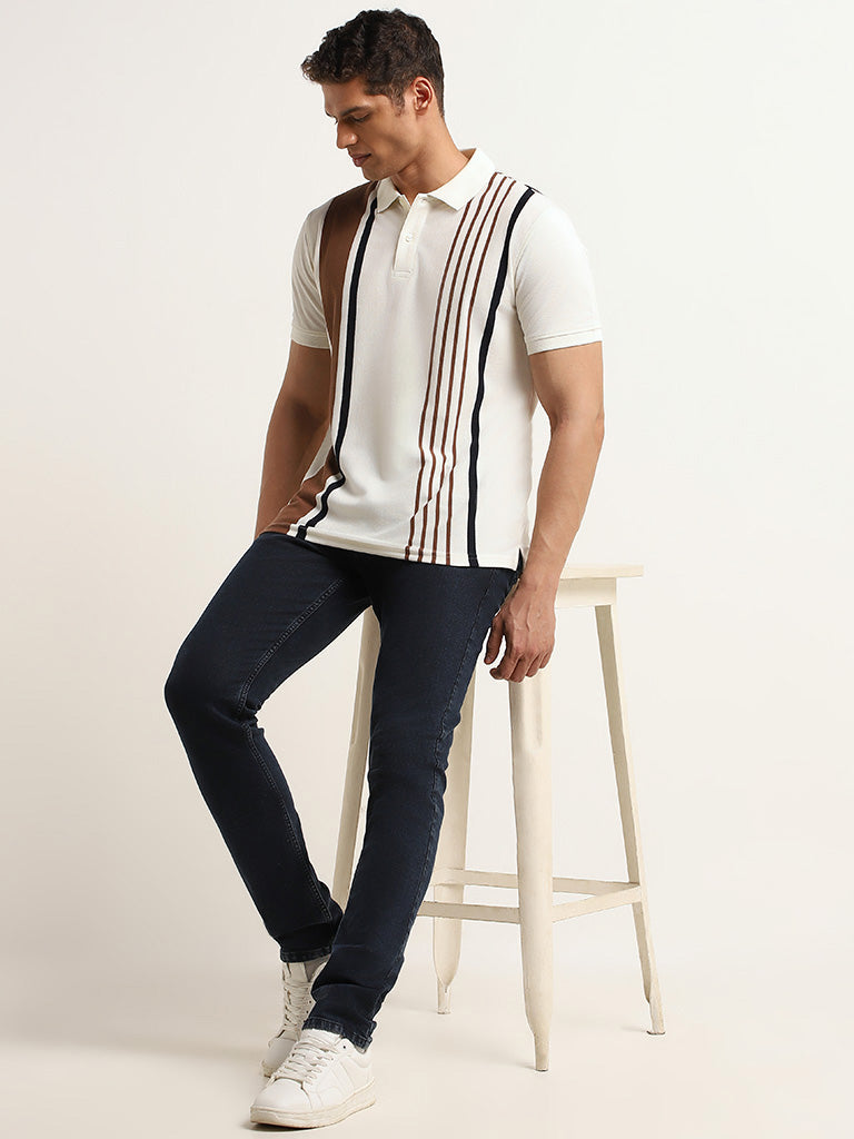 WES Casuals Cream Striped Cotton Blend Slim Fit Polo T-Shirt