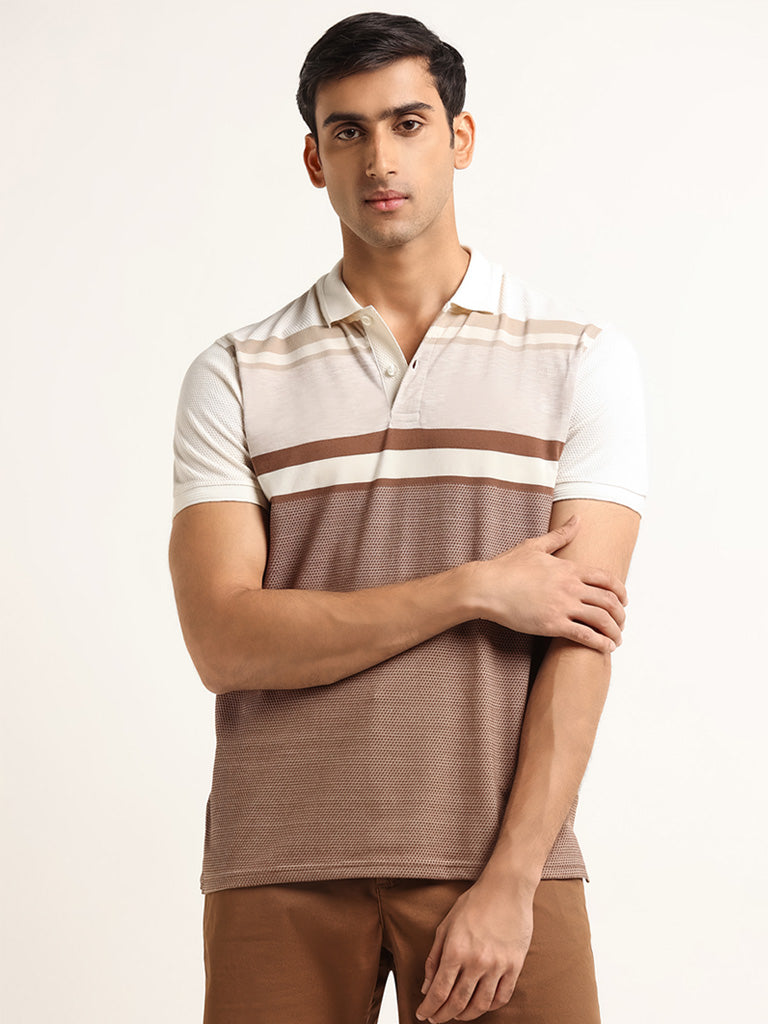 WES Casuals Beige Colour Blocked Cotton Blend Slim Fit Polo T-Shirt