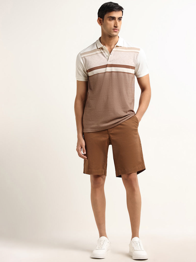 WES Casuals Beige Colour Blocked Cotton Blend Slim Fit Polo T-Shirt