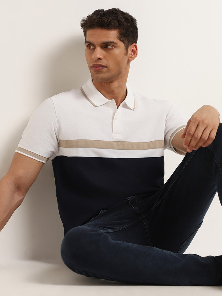 WES Casuals Navy Colour-Block Cotton Blend Slim Fit Polo T-Shirt