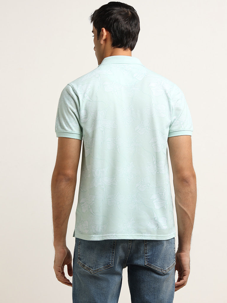 WES Casuals Mint Floral Printed Cotton Blend Slim Fit Polo T-Shirt