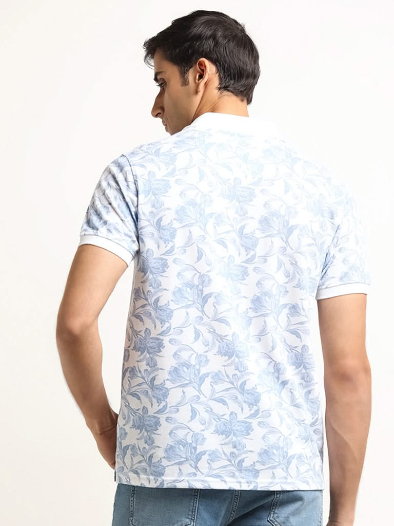 WES Casuals Powder Blue Floral Cotton Blend Slim Fit T-Shirt