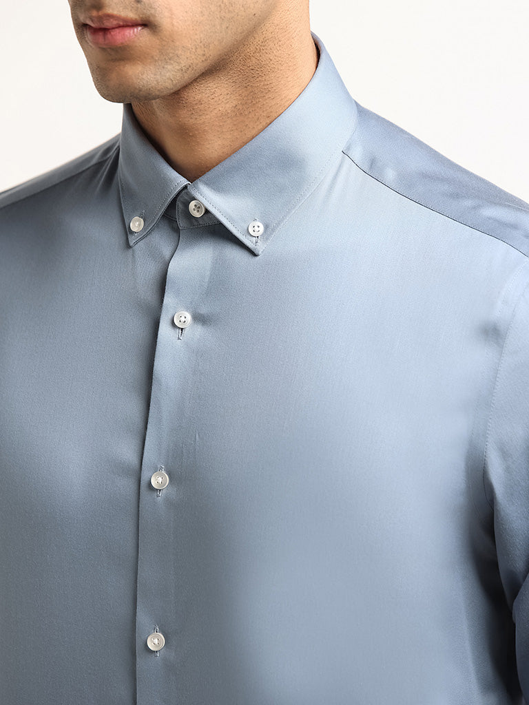 WES Formals Dusty Blue Solid Slim Fit Shirt