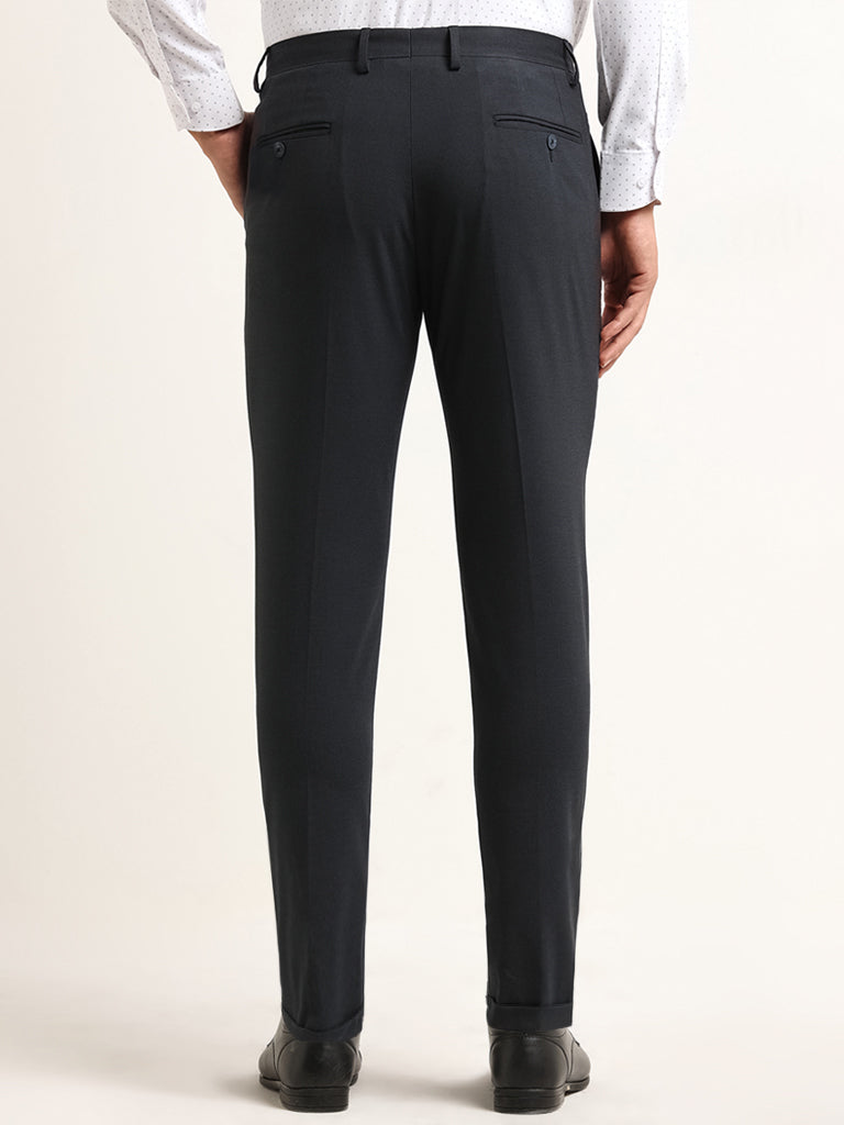 WES Formals Navy Mid Rise Carrot Fit Trousers