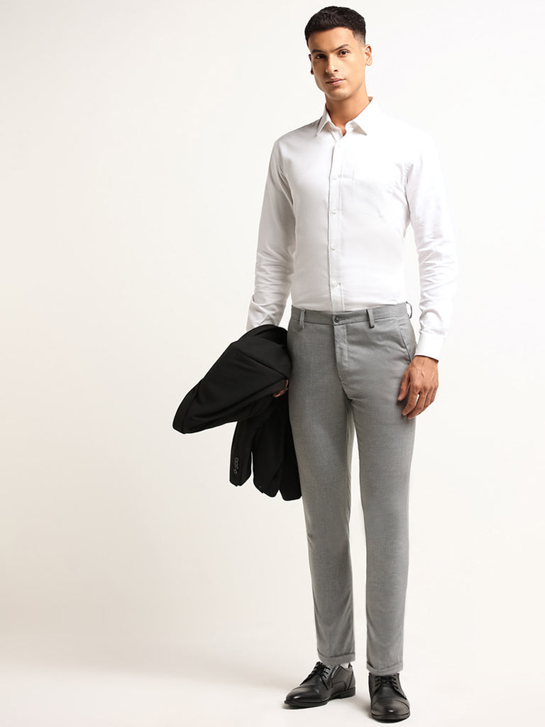 WES Formals Grey Mid Rise Carrot Fit Striped Trousers