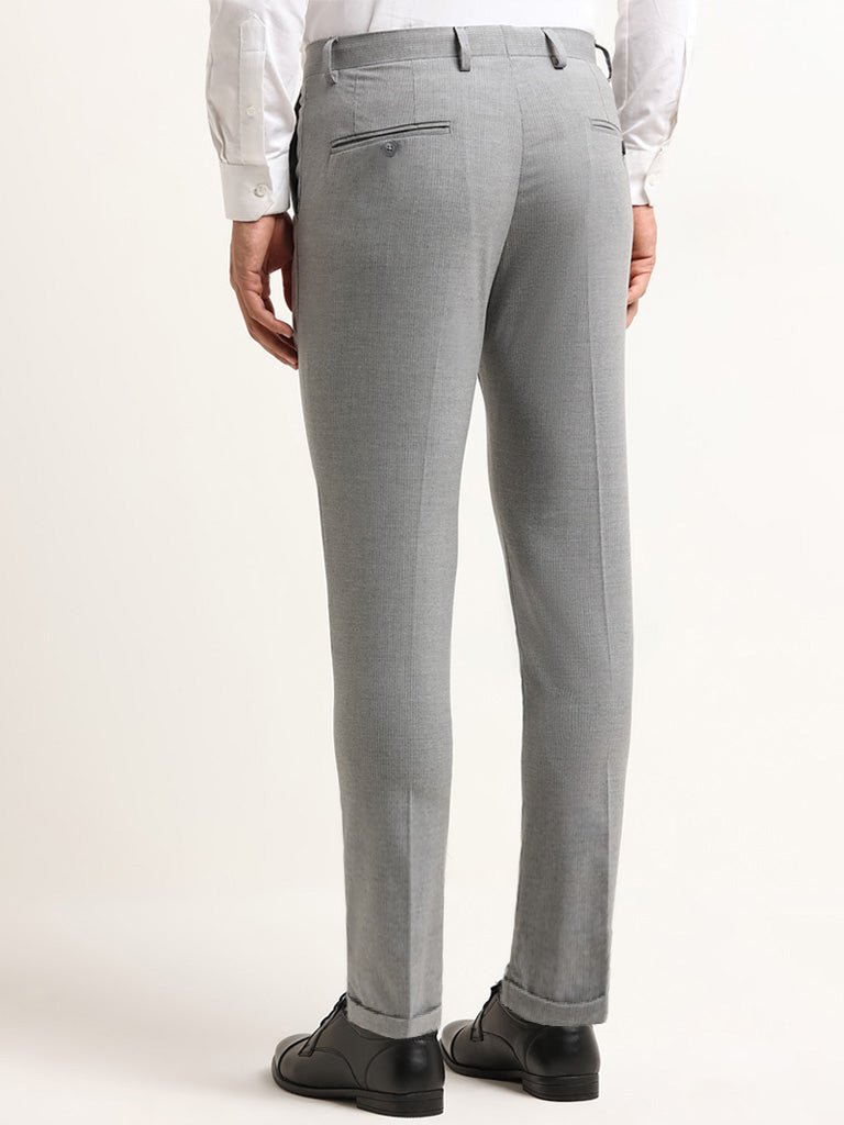 WES Formals Grey Mid Rise Carrot Fit Striped Trousers