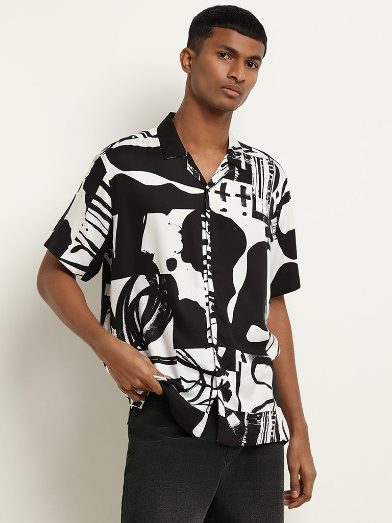 Nuon Black Abstract Print Cotton Relaxed Fit Shirt