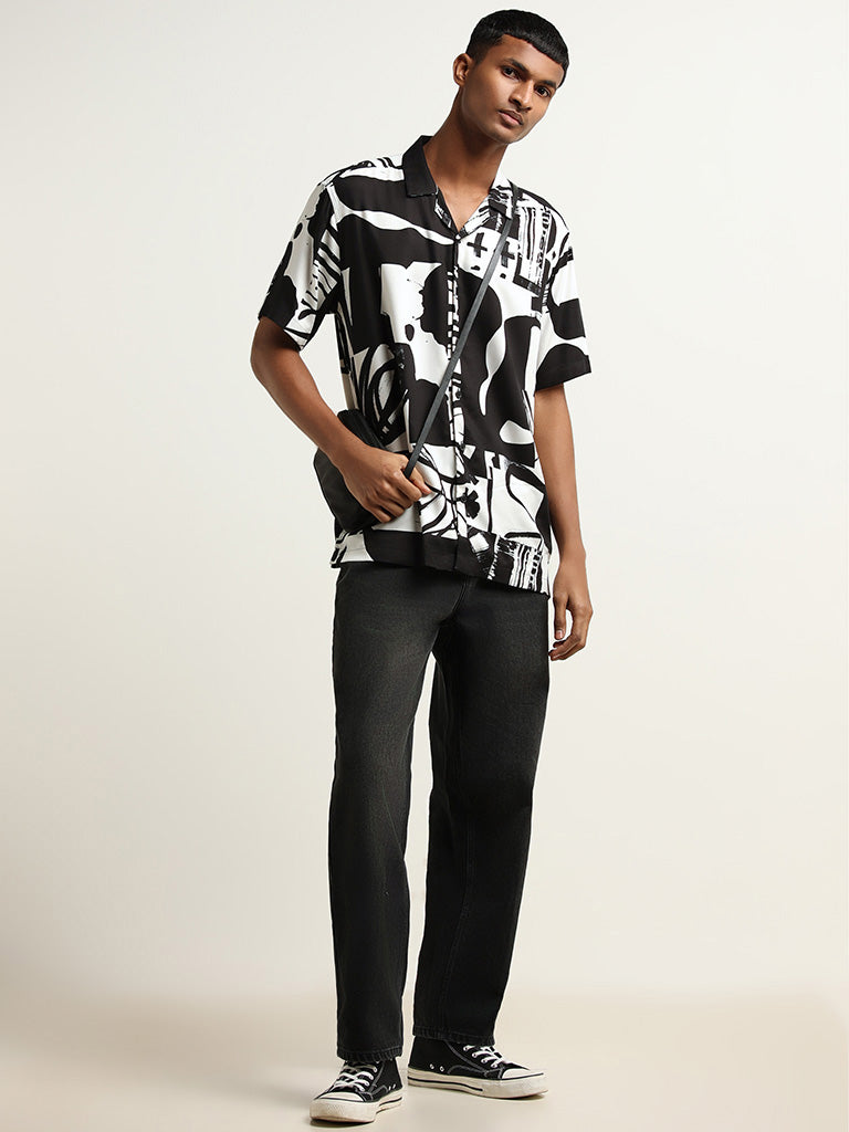 Nuon Black Abstract Print Cotton Relaxed Fit Shirt