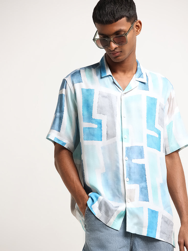 Nuon Blue Block-Print Relaxed Fit Shirt