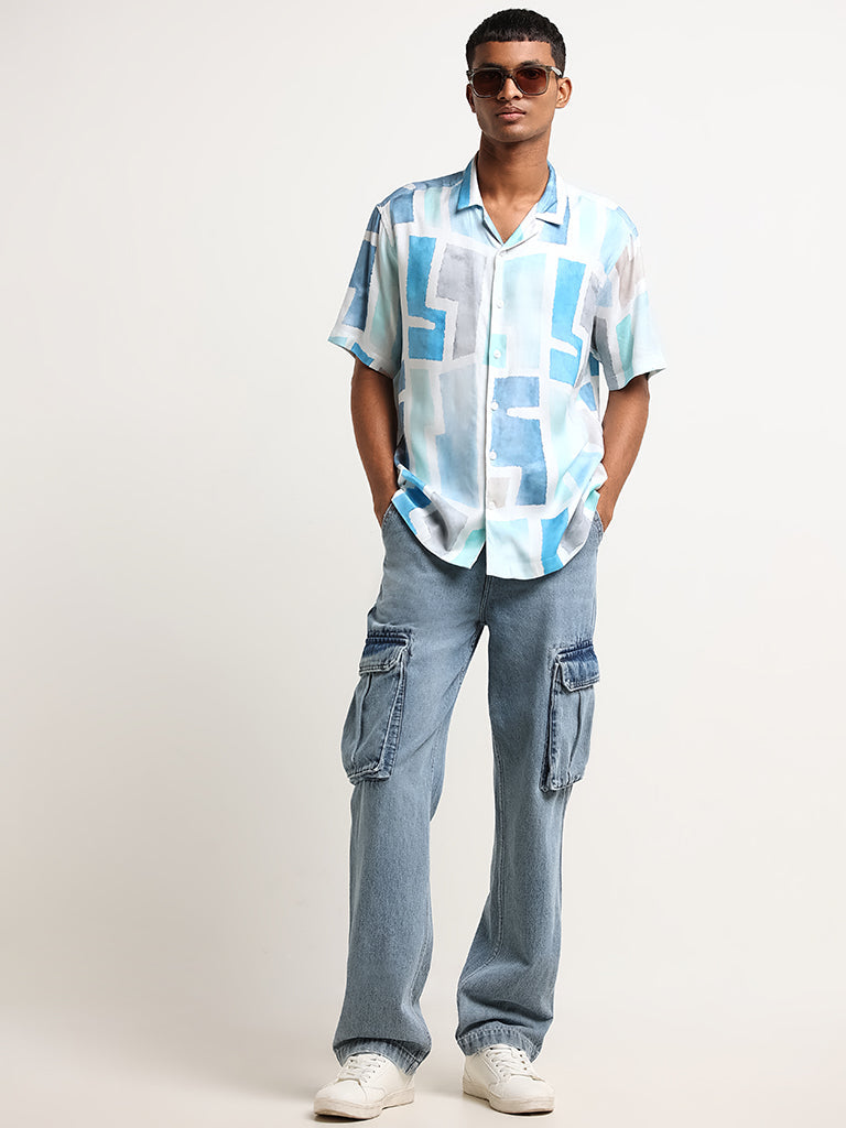 Nuon Blue Block-Print Relaxed Fit Shirt