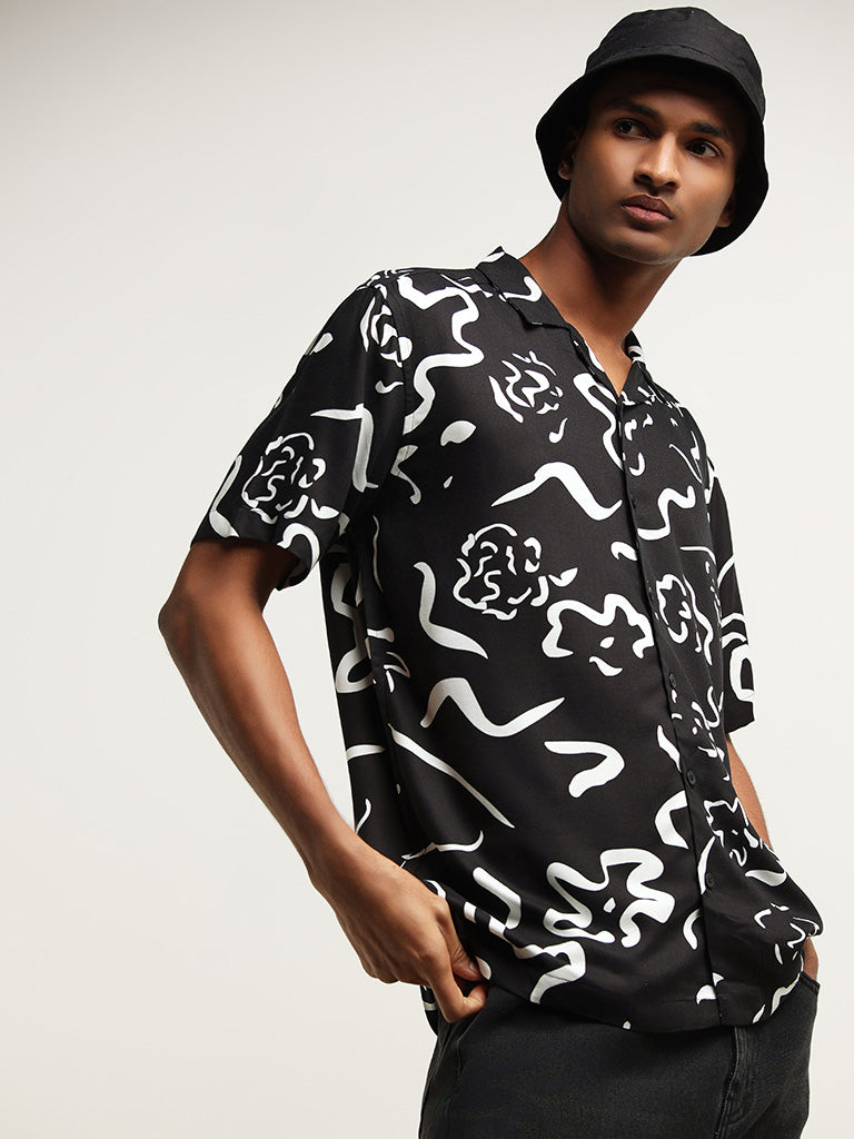 Nuon Black Abstract Print Cotton Relaxed Fit Shirt