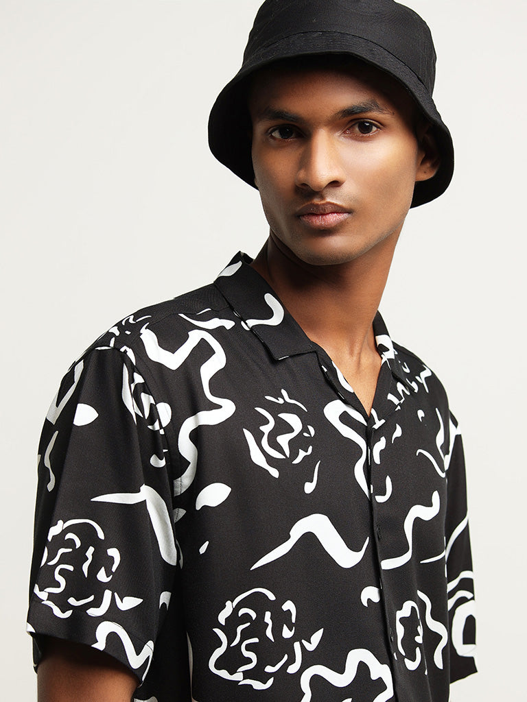 Nuon Black Abstract Print Cotton Relaxed Fit Shirt