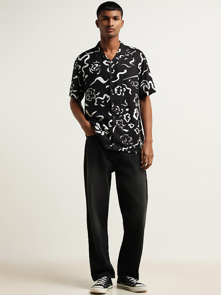 Nuon Black Abstract Print Cotton Relaxed Fit Shirt