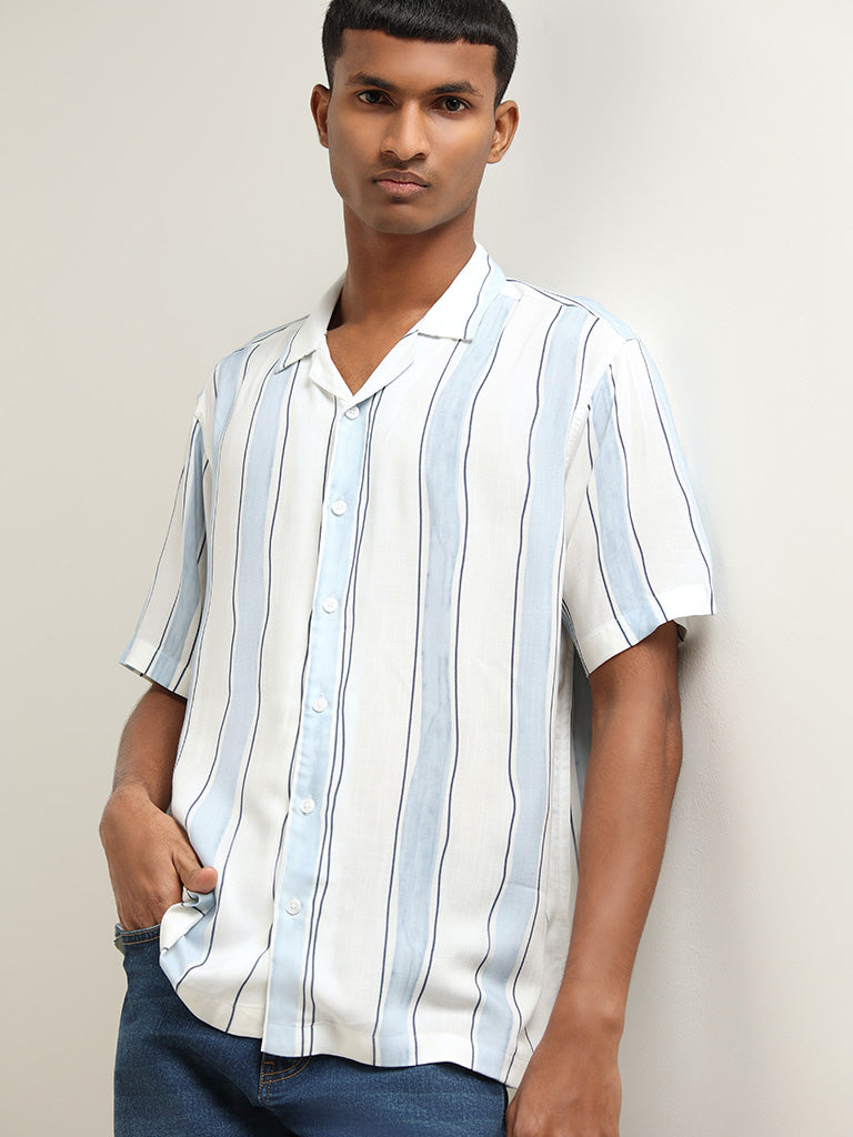 Nuon White Striped Printed Cotton Relaxed Fit Shirt