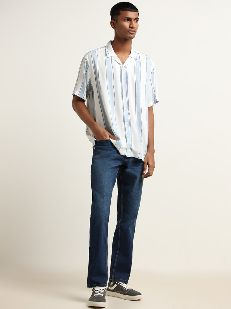 Nuon White Striped Printed Cotton Relaxed Fit Shirt