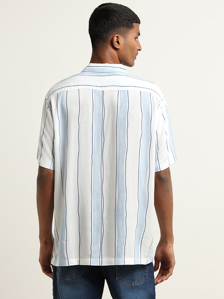 Nuon White Striped Printed Cotton Relaxed Fit Shirt