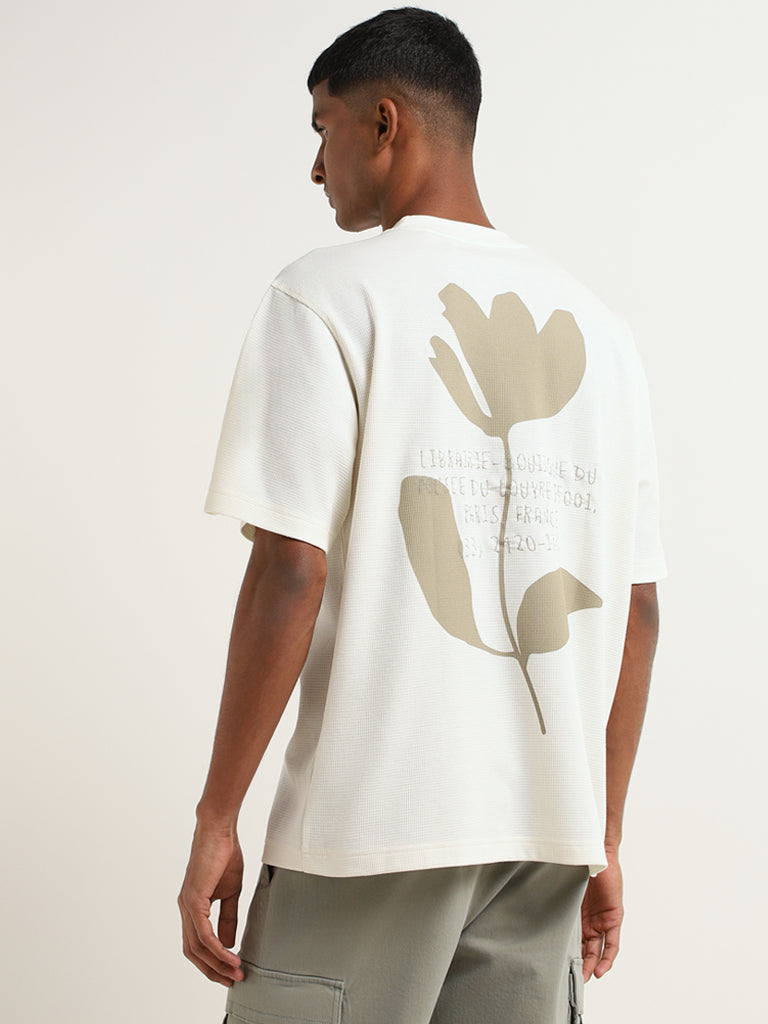 Nuon Off-White Self-Patterned Cotton Relaxed Fit T-Shirt