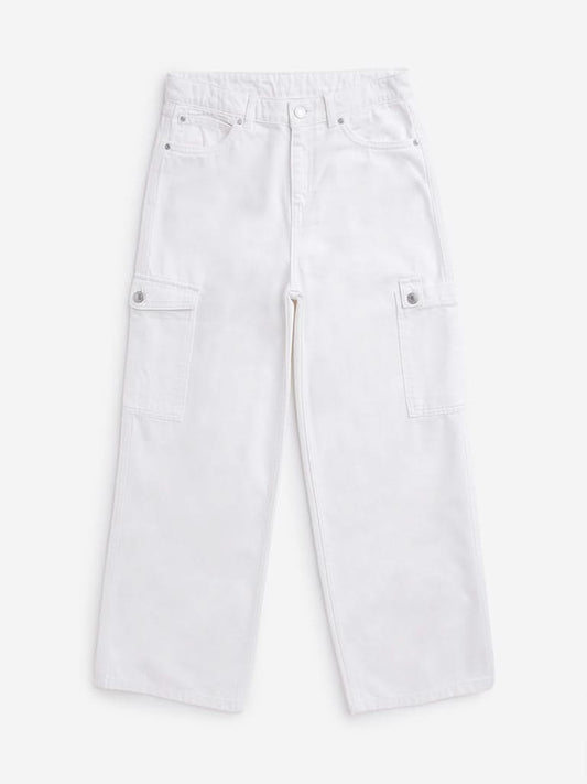 Y&F Kids Off-White Cargo-Style Mid Rise Jeans