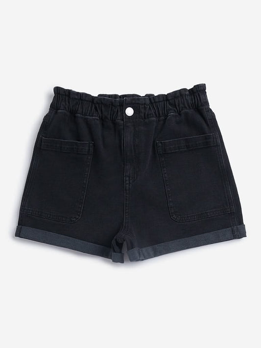 Y&F Kids Black Paperbag-Waist Denim Shorts