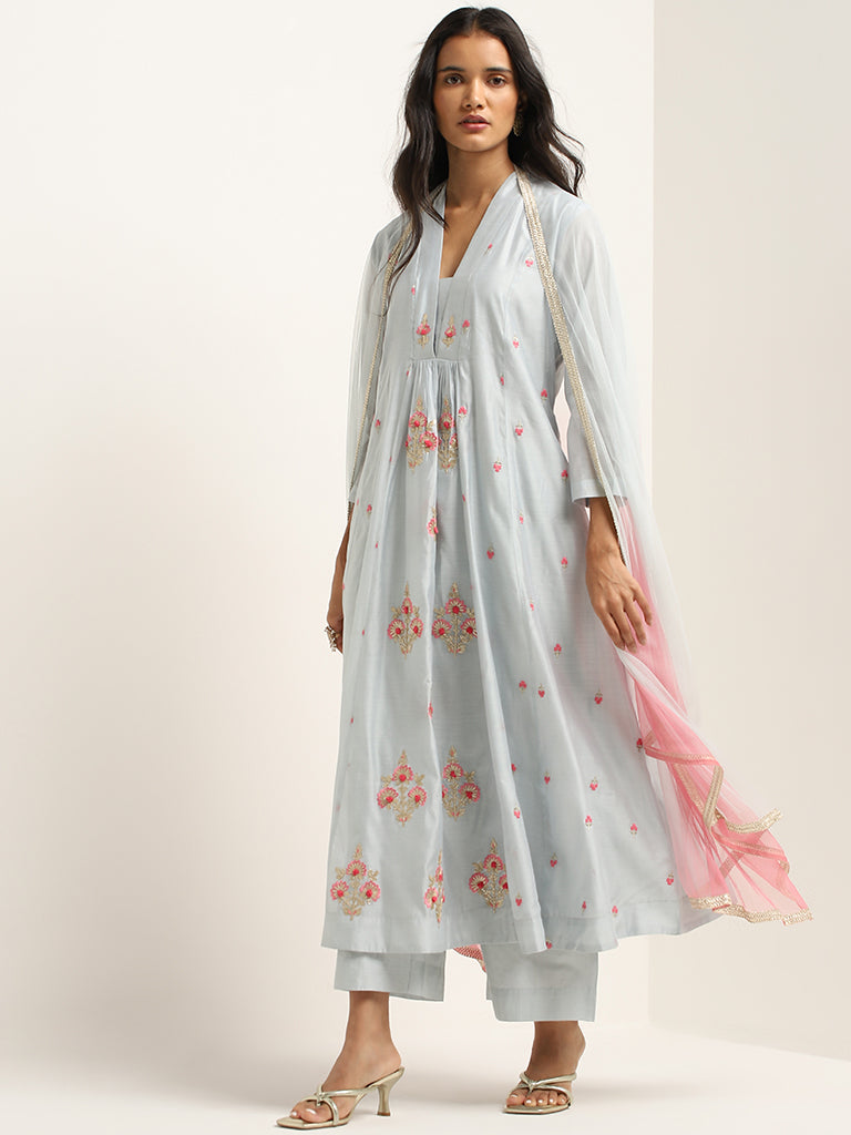 Vark Dusty Blue Floral A-Line Kurta, Mid Rise Pants & Net Dupatta Set