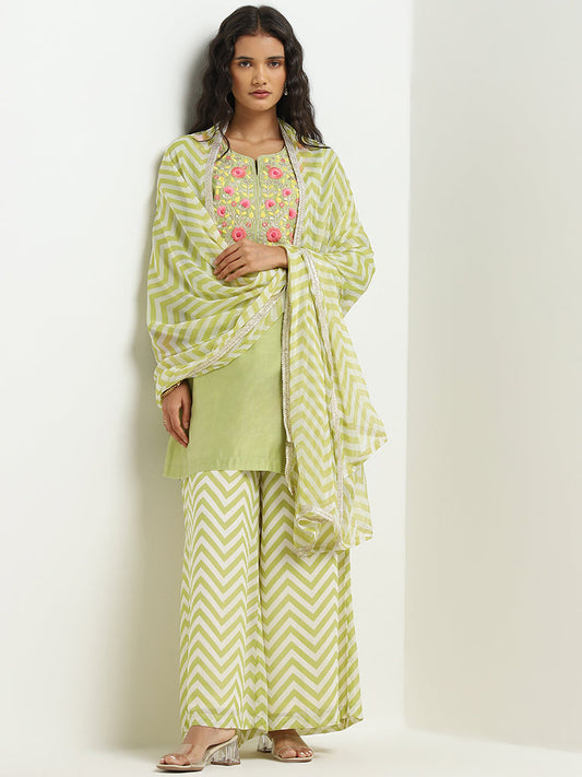 Vark Lime Floral Straight Kurti, Palazzos, and Dupatta Set