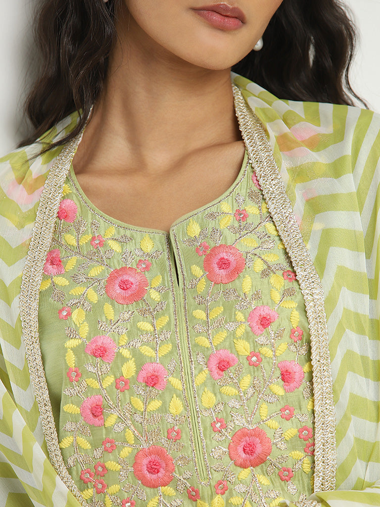 Vark Lime Floral Straight Kurti, Palazzos, and Dupatta Set