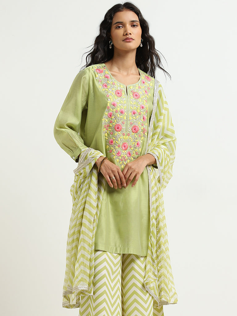 Vark Lime Floral Straight Kurti, Palazzos, and Dupatta Set