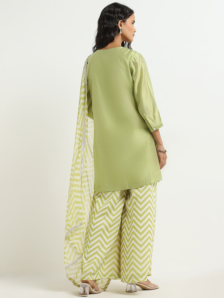 Vark Lime Floral Straight Kurti, Palazzos, and Dupatta Set