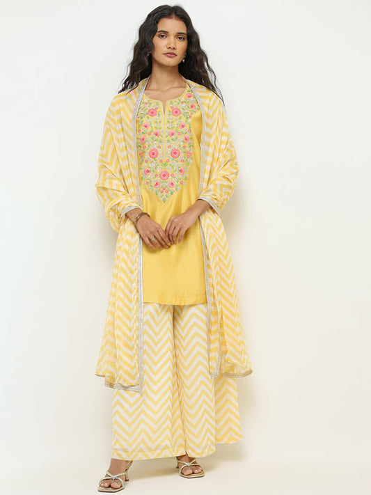 Vark Mustard Floral Straight Kurti, Palazzos, and Dupatta Set