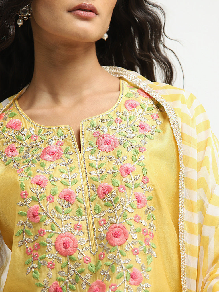 Vark Mustard Floral Straight Kurti, Palazzos, and Dupatta Set