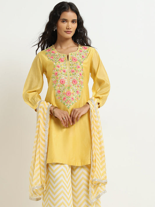 Vark Mustard Floral Straight Kurti, Palazzos, and Dupatta Set