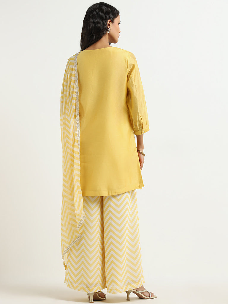 Vark Mustard Floral Straight Kurti, Palazzos, and Dupatta Set