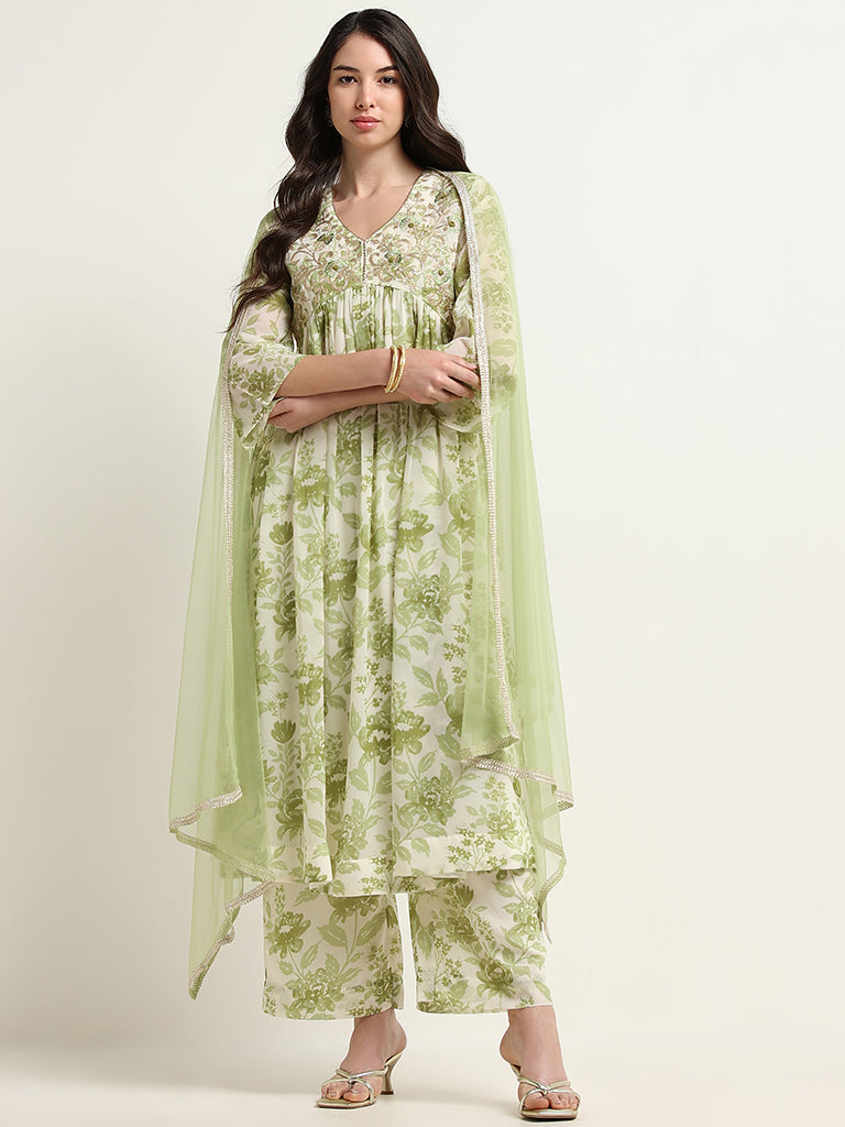 Vark Green Floral Printed Kurta, Palazzos and Dupatta Set