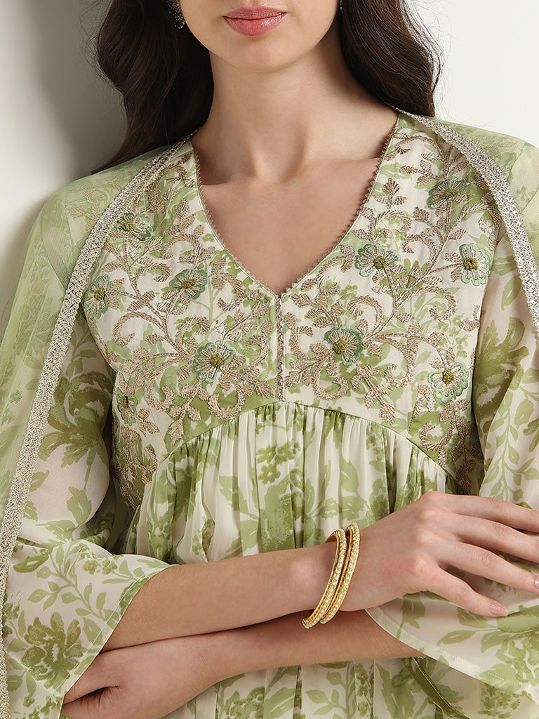 Vark Green Floral Printed Kurta, Palazzos and Dupatta Set