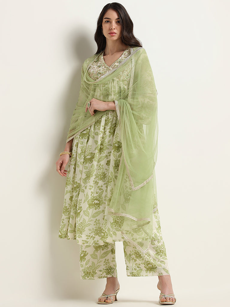 Vark Green Floral Printed Kurta, Palazzos and Dupatta Set