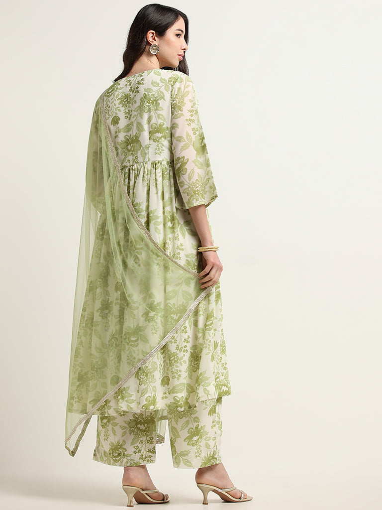 Vark Green Floral Printed Kurta, Palazzos and Dupatta Set