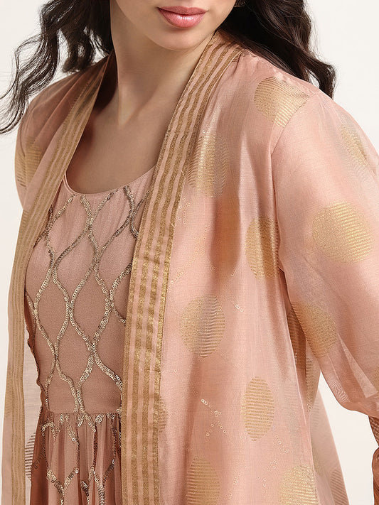 Vark Peach Maxi Dress with Overlay Jacket Set