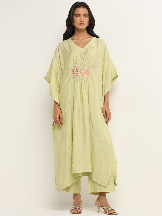 Vark Lime Floral Embroidered Kaftan and Mid-Rise Ethnic Pants Set