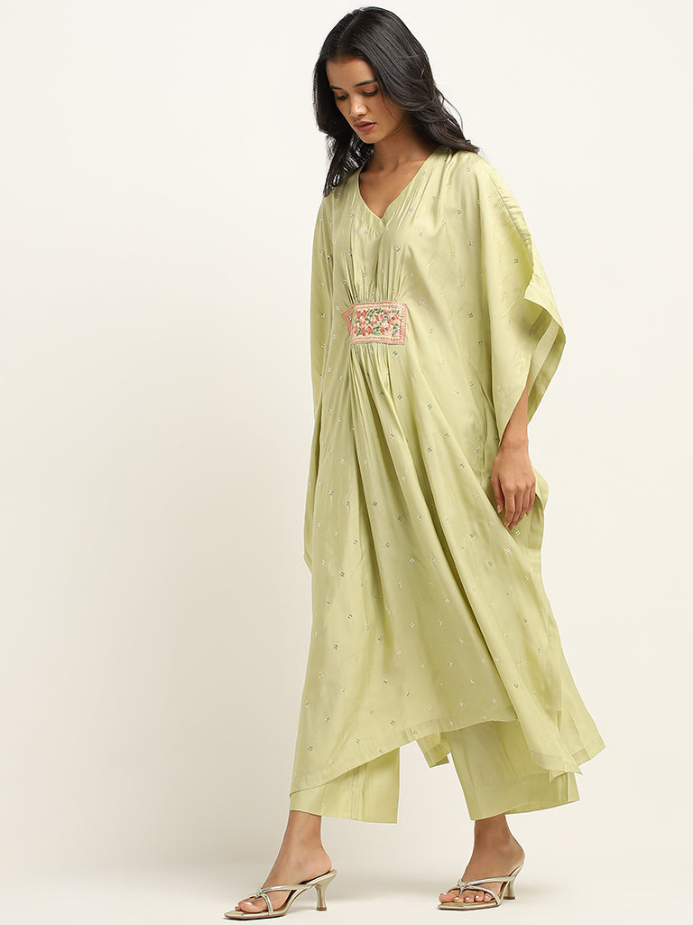 Vark Lime Floral Embroidered Kaftan and Mid-Rise Ethnic Pants Set