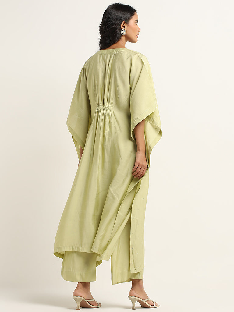 Vark Lime Floral Embroidered Kaftan and Mid-Rise Ethnic Pants Set