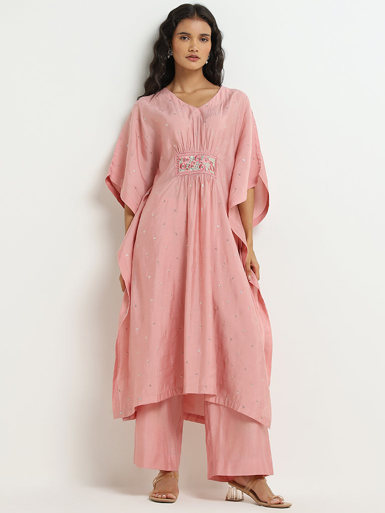 Vark Pink Floral Embroidered Kaftan and Mid-Rise Ethnic Pants Set