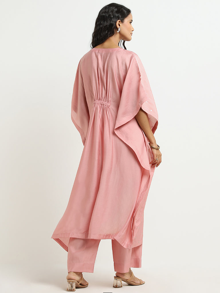 Vark Pink Floral Embroidered Kaftan and Mid-Rise Ethnic Pants Set