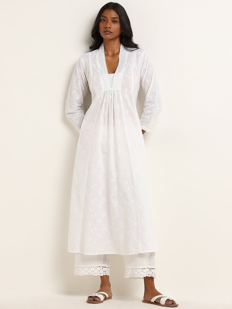 Utsa White Floral Embroidered Cotton A-Line Kurta