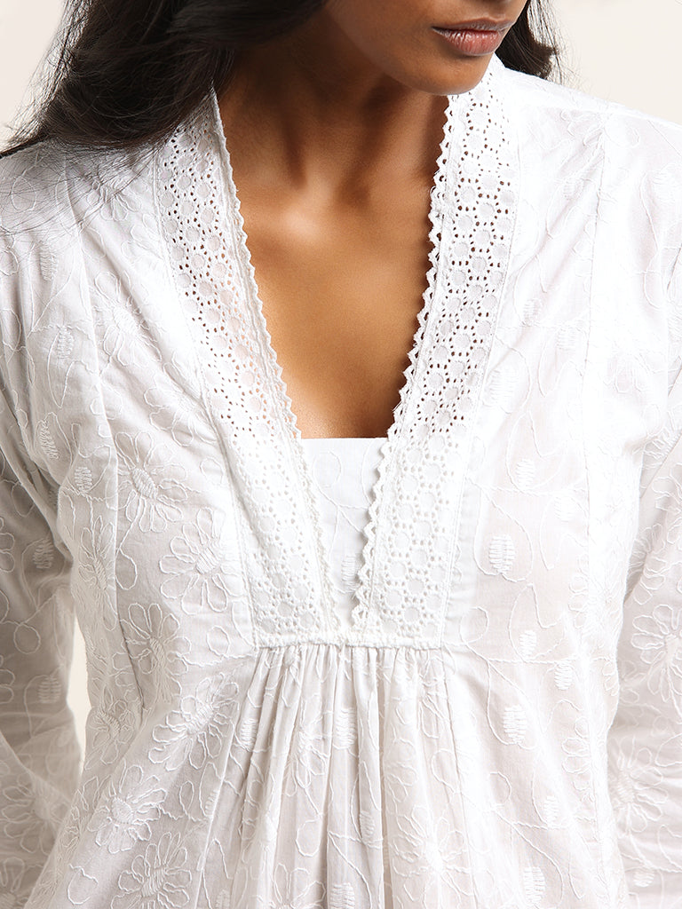 Utsa White Floral Embroidered Cotton A-Line Kurta