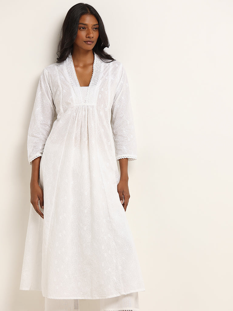 Utsa White Floral Embroidered Cotton A-Line Kurta