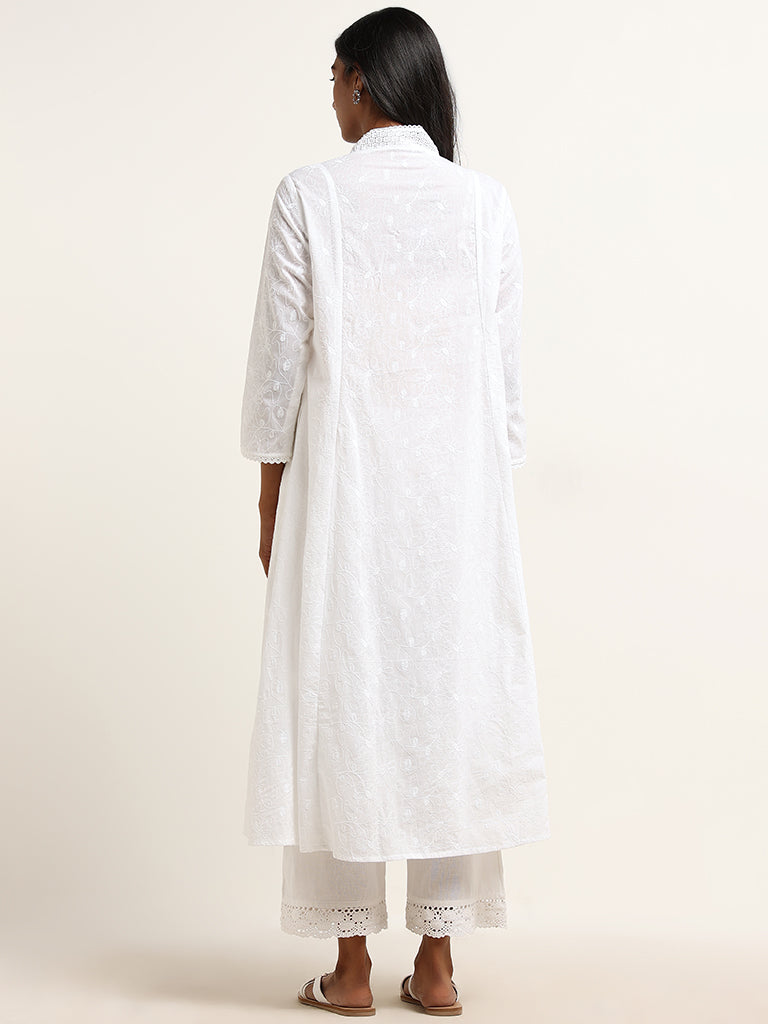 Utsa White Floral Embroidered Cotton A-Line Kurta