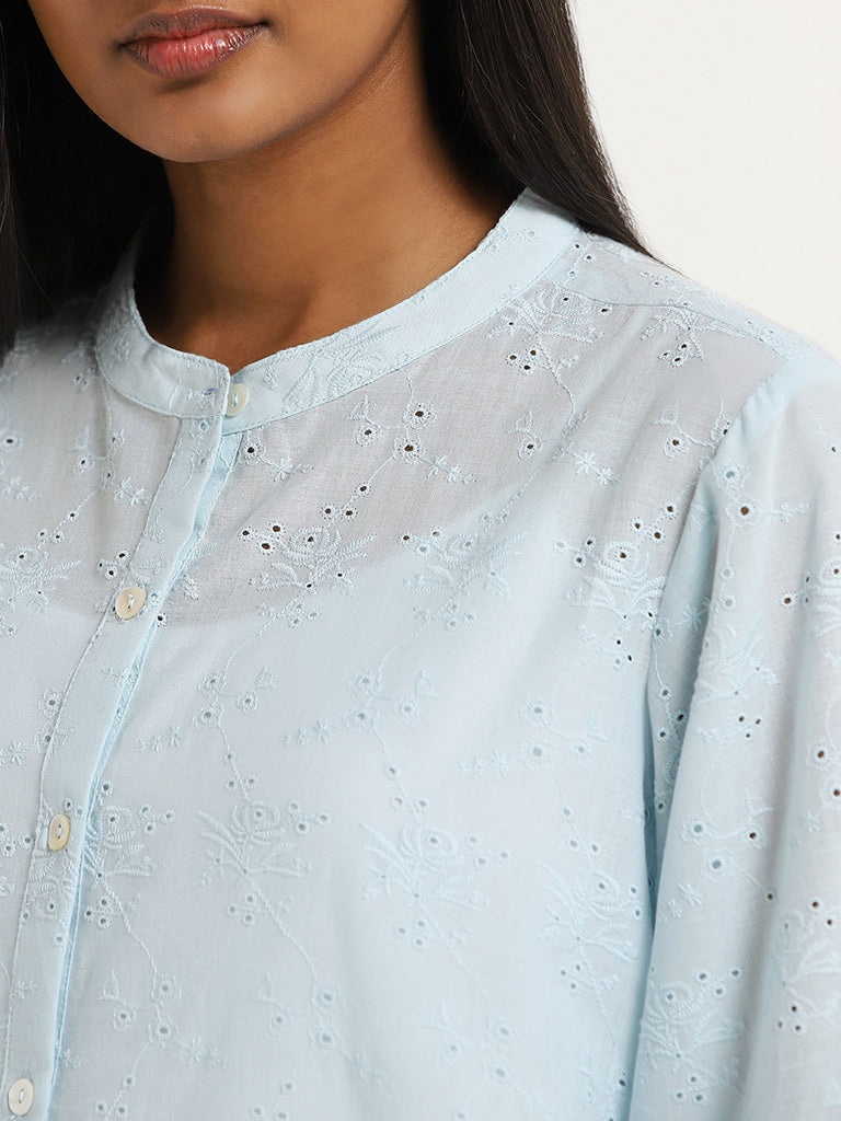 Utsa Light Blue Schiffli Design Cotton Straight Tunic