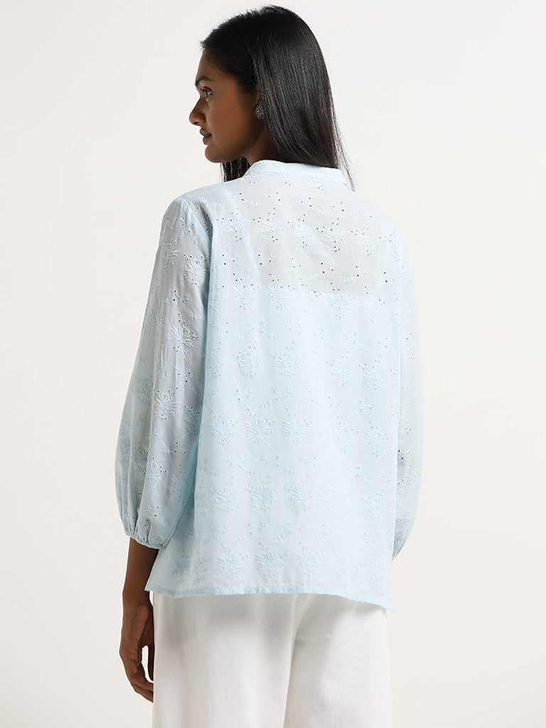 Utsa Light Blue Schiffli Design Cotton Straight Tunic