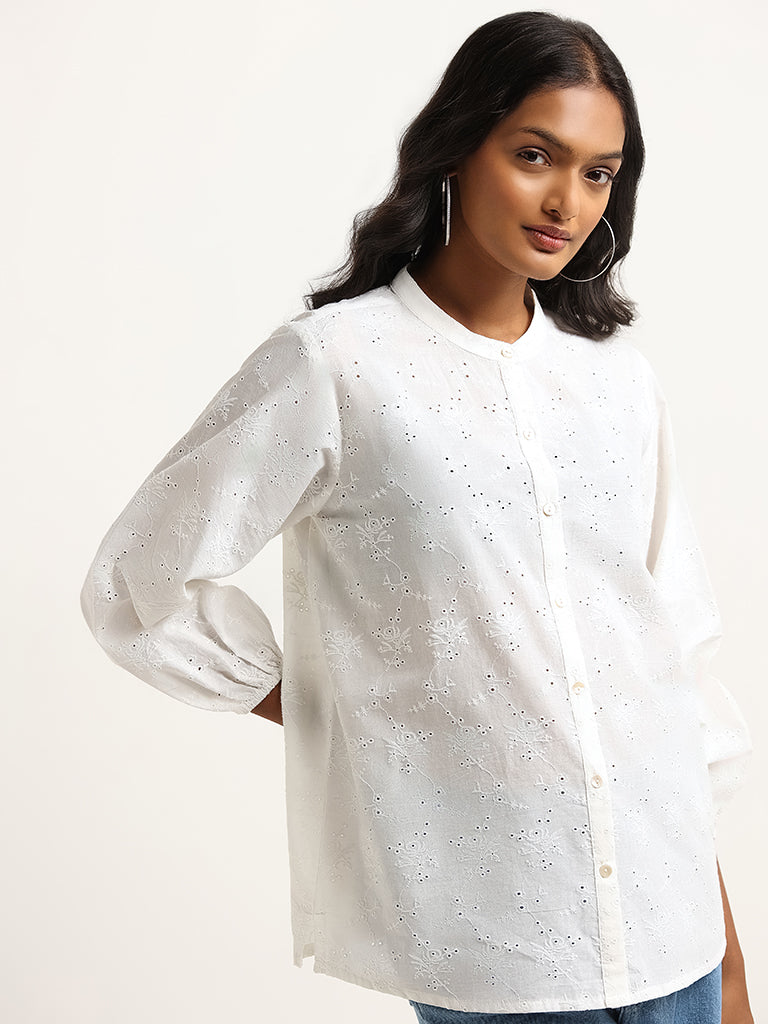 Utsa White Button Down Schiffli Cotton Tunic